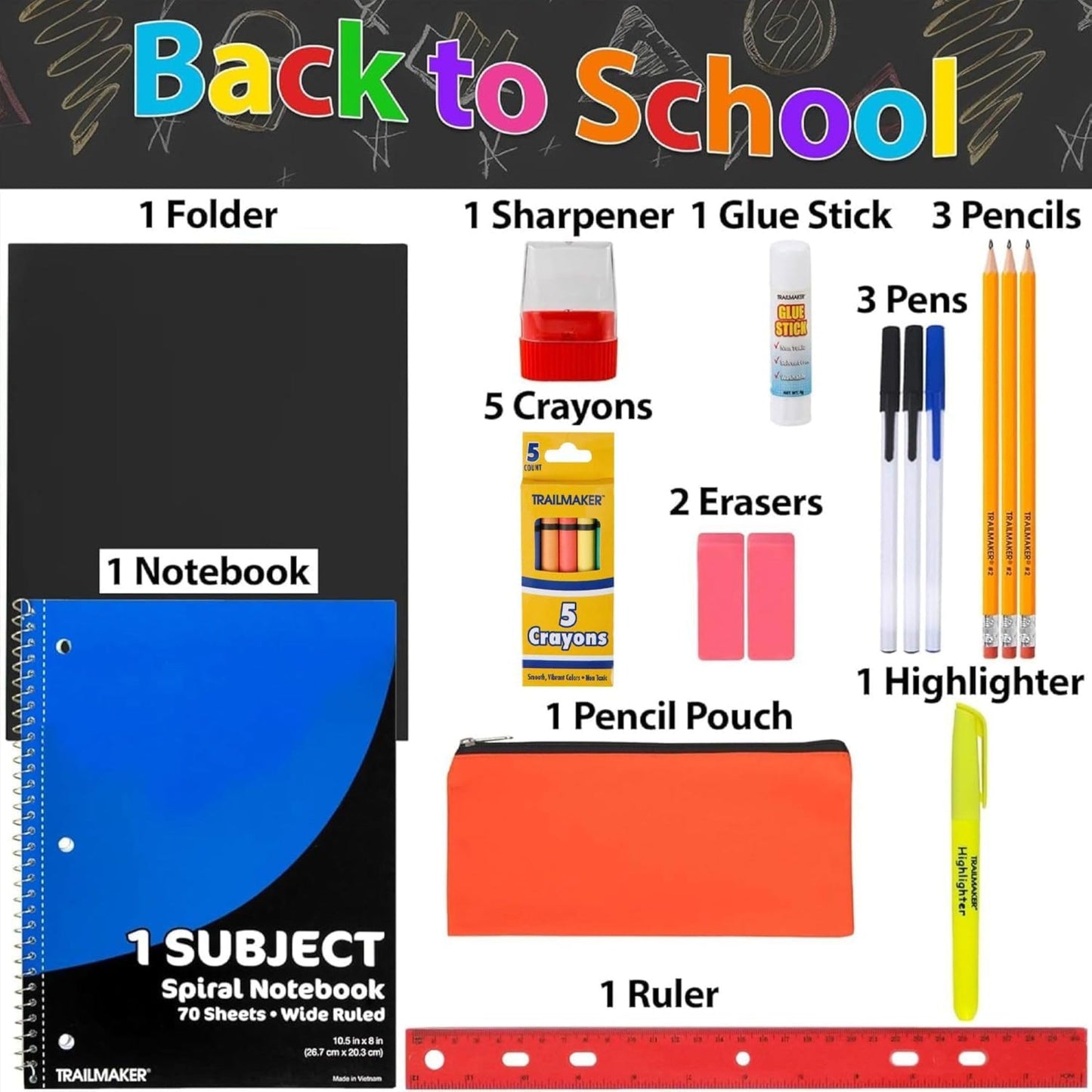 Trailmaker 960-Pack Bulk 20-Piece School Supply Kits for Classrooms