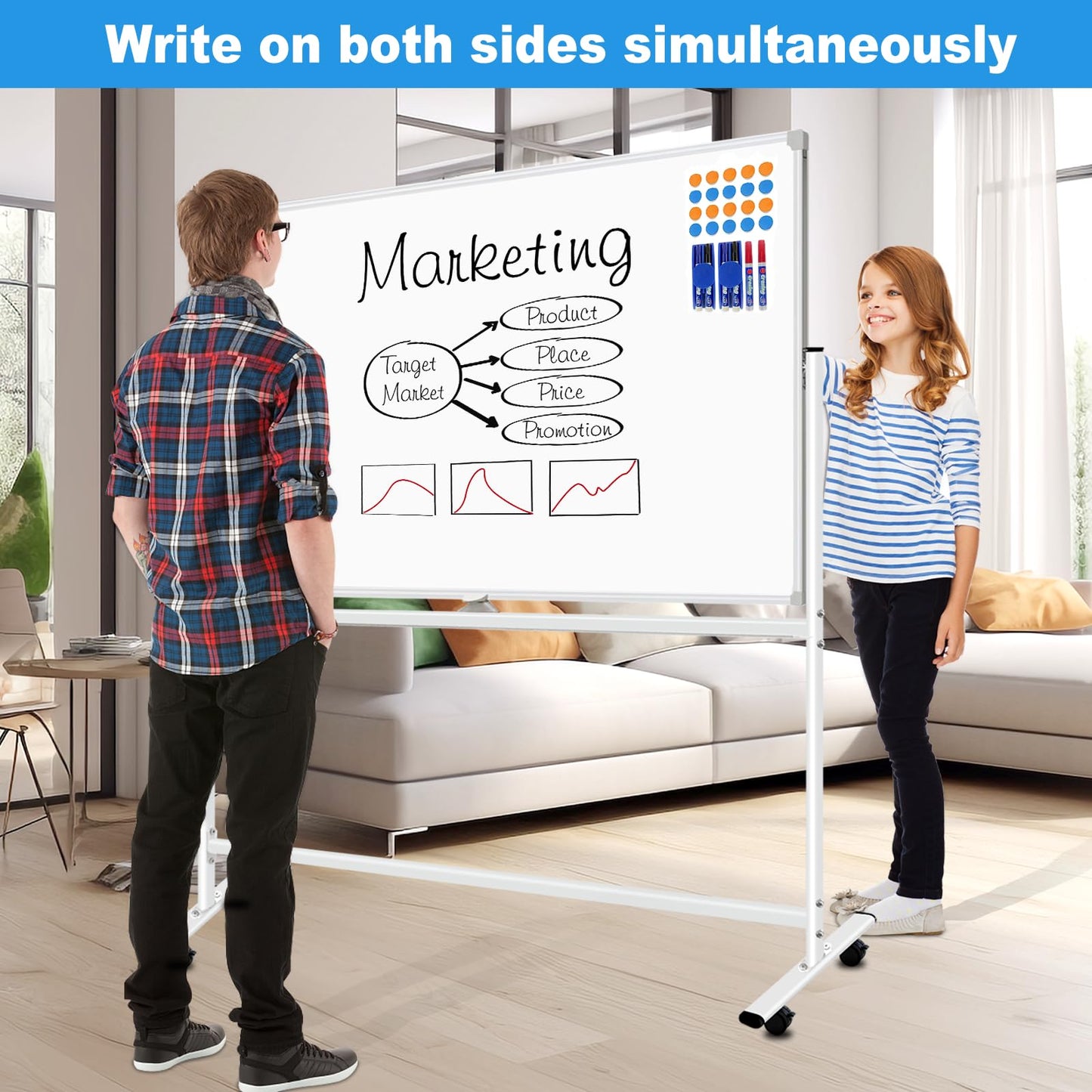 BSTPCOO 40x28" Double-Sided Magnetic Rolling Whiteboard with Stand