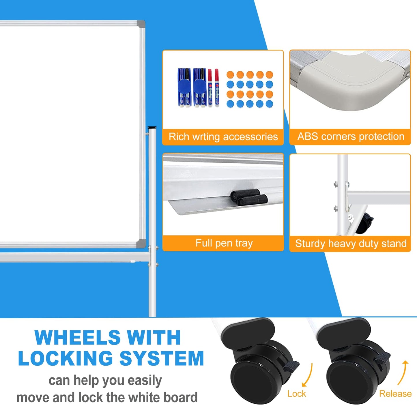 BSTPCOO 40x28" Double-Sided Magnetic Rolling Whiteboard with Stand