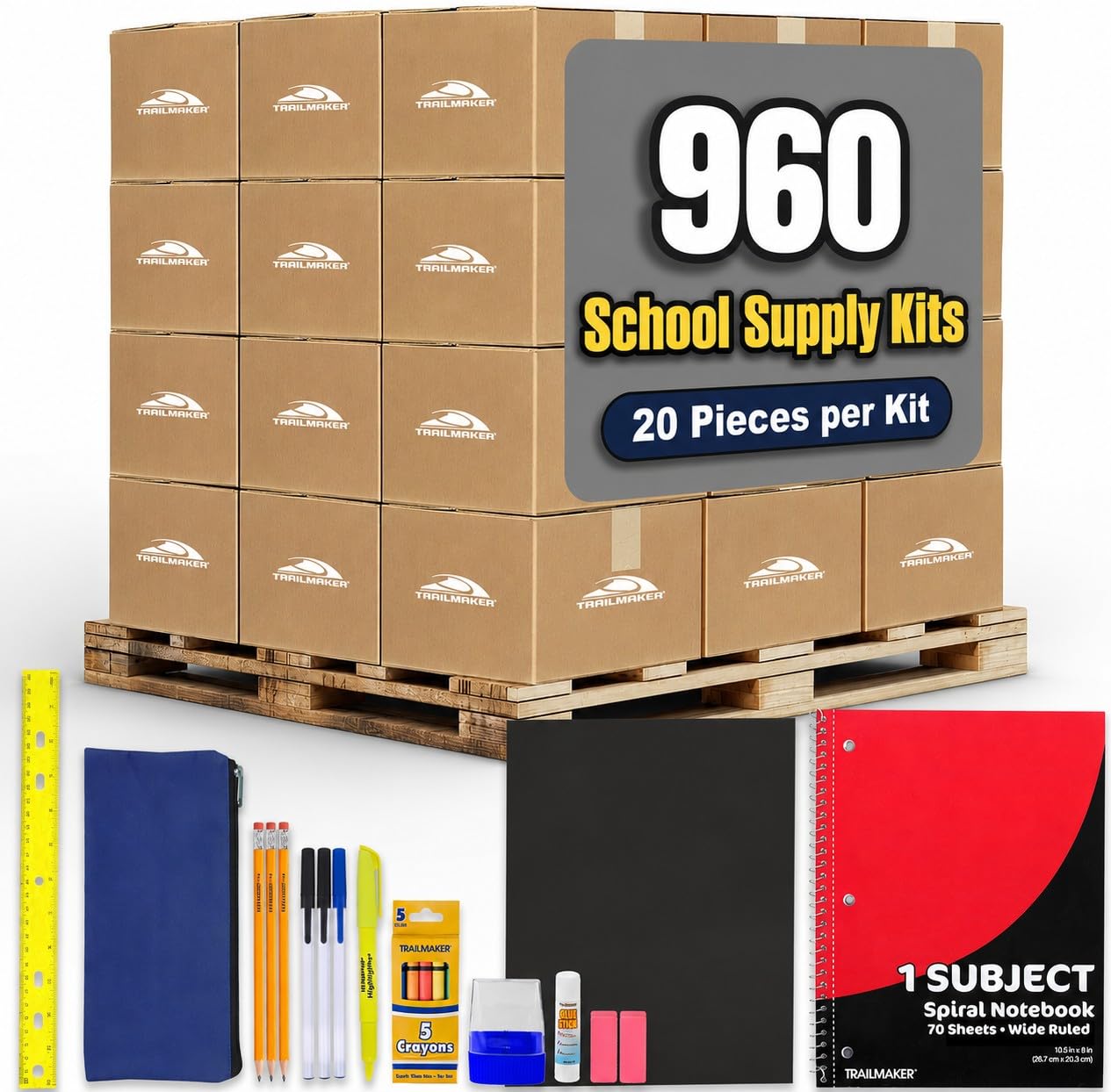 Trailmaker 960-Pack Bulk 20-Piece School Supply Kits for Classrooms